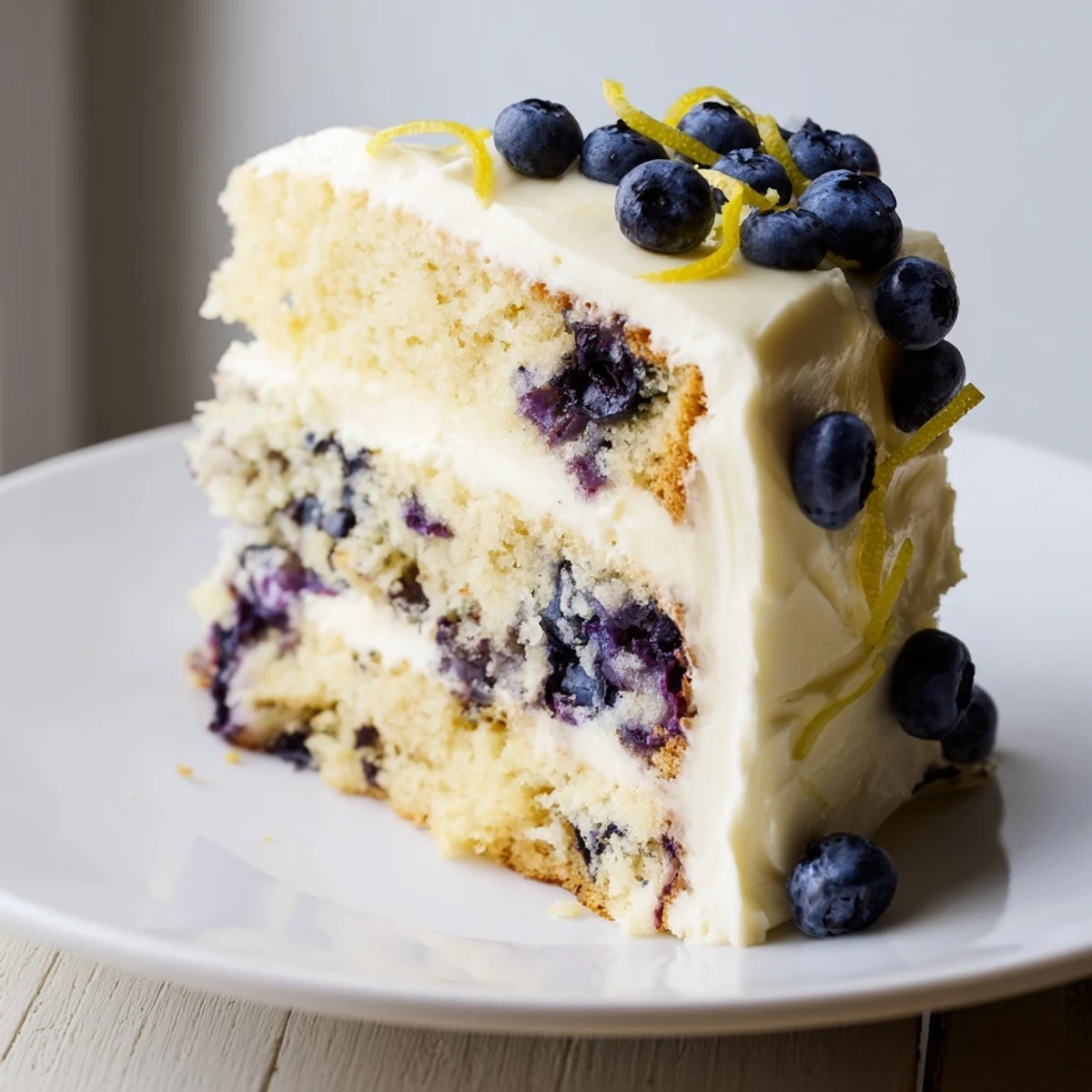 A slice of Lemon Blueberry Cake with Cream Cheese Frosting shows creamy frosting swirls, bursting blueberries, and a tender lemon crumb on a white serving plate.