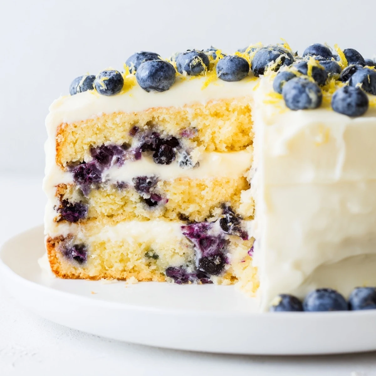 Freshly baked Lemon Blueberry Cake with Cream Cheese Frosting reveals juicy berries and bright zest in a moist crumb, ideal for spring and summer dessert tables.
