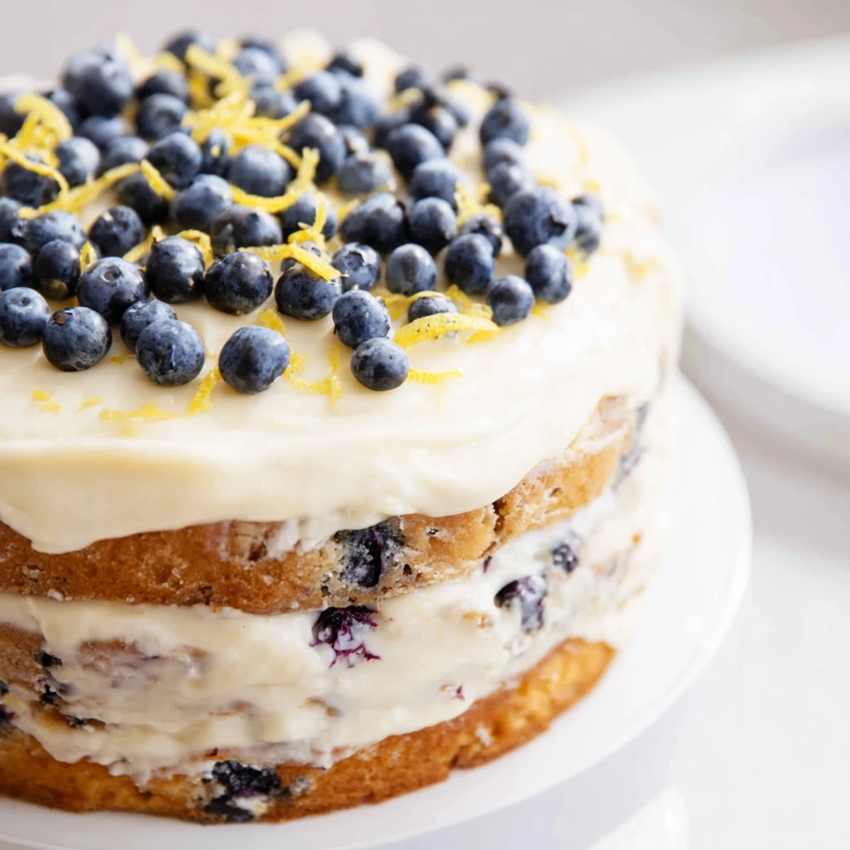 Overhead view of Lemon Blueberry Cake with Cream Cheese Frosting features citrus zest garnish, plump blueberries, and a rich, tangy frosting ready for spring gatherings.