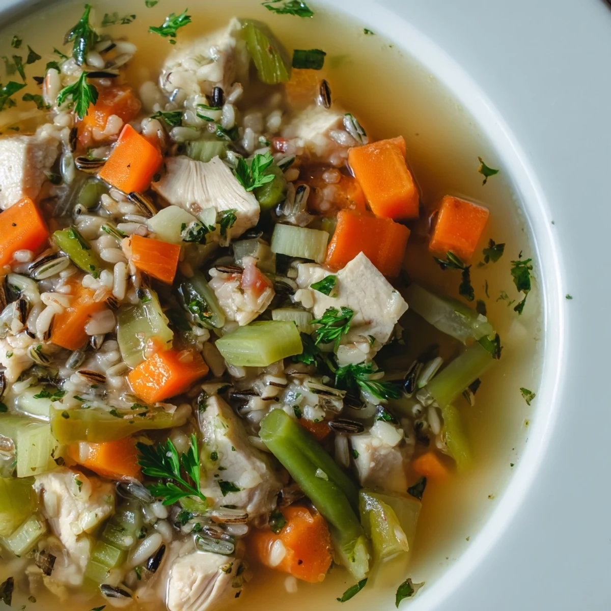 A steaming bowl of Chicken Vegetable Soup with Wild Rice, featuring tender chicken, carrots, celery, and green beans in a rich broth.