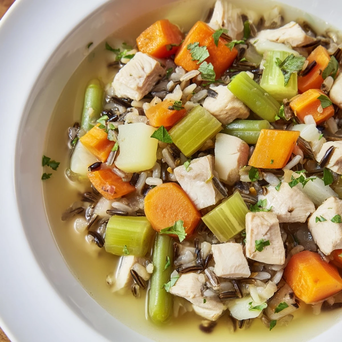Comforting Chicken Vegetable Soup with Wild Rice, perfect for a chilly day, served hot with a side of crusty bread for dipping.