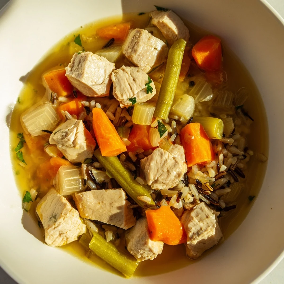 Close-up of Chicken Vegetable Soup with Wild Rice, garnished with fresh parsley, revealing chunky vegetables and hearty grains in the savory broth.