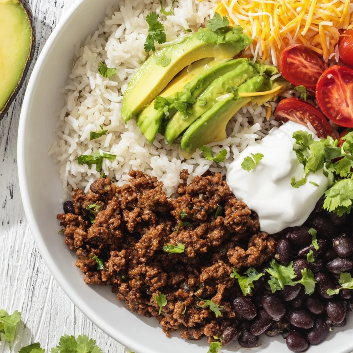 Colorful Tex-Mex Beef Burrito Bowl with ground beef, fluffy rice, black beans, and a dollop of sour cream.