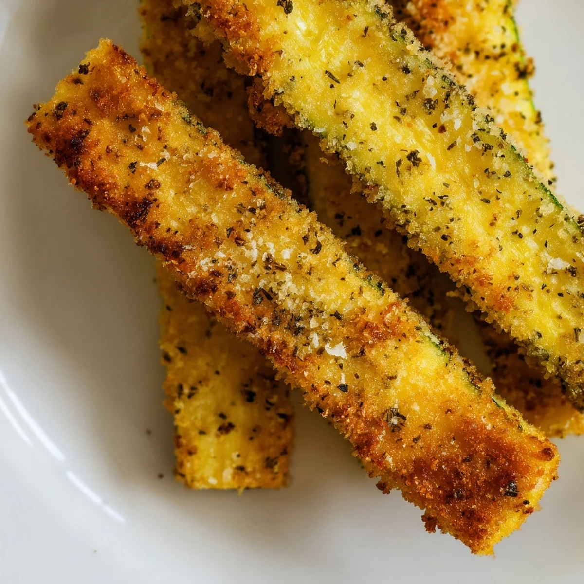 Golden, crunchy Crispy Zucchini Fries with Parmesan Cheese served in a rustic bowl, garnished with fresh herbs and a side of ranch dressing.