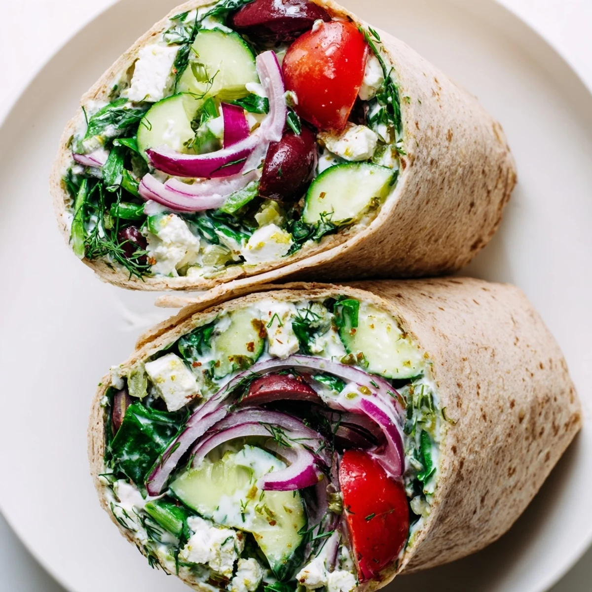 Fresh Mediterranean Wrap with Feta and Olives on a plate, stuffed with crisp veggies and a creamy herbed yogurt sauce.