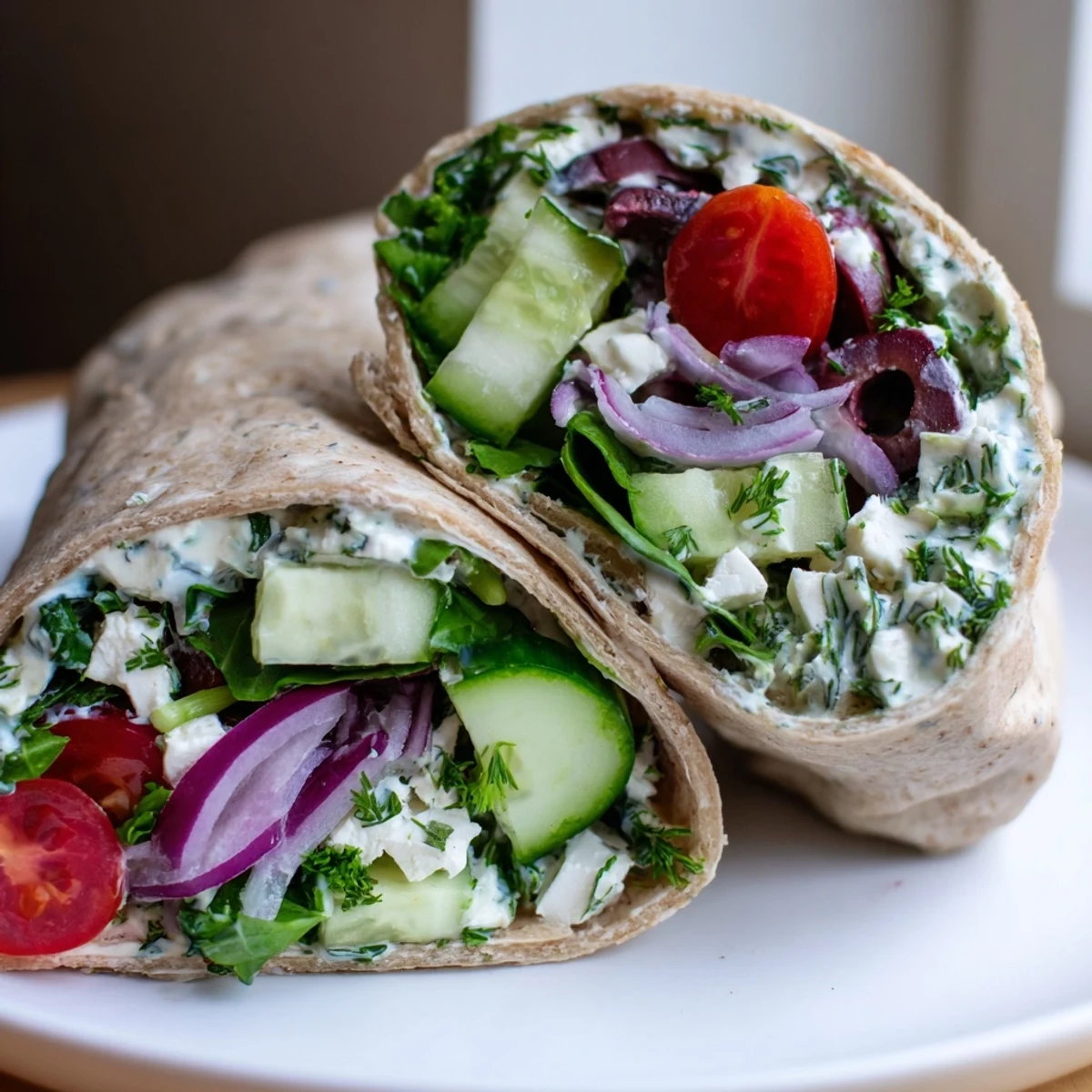 A Mediterranean Wrap with Feta and Olives sliced in half, showing colorful tomato, cucumber, spinach, and Kalamata olives inside.