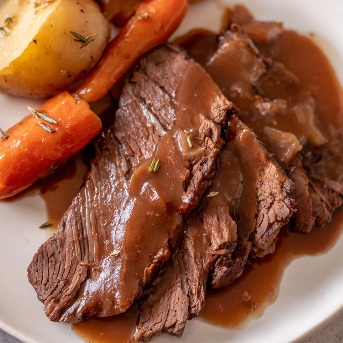 Sliced beef chuck roast drizzled with rich brown gravy and served alongside rustic vegetables for a family dinner.