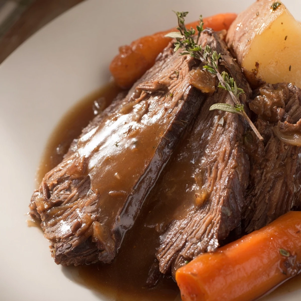Fall-apart tender Slow Cooker Pot Roast with Savory Gravy over carrots and potatoes on a white plate.