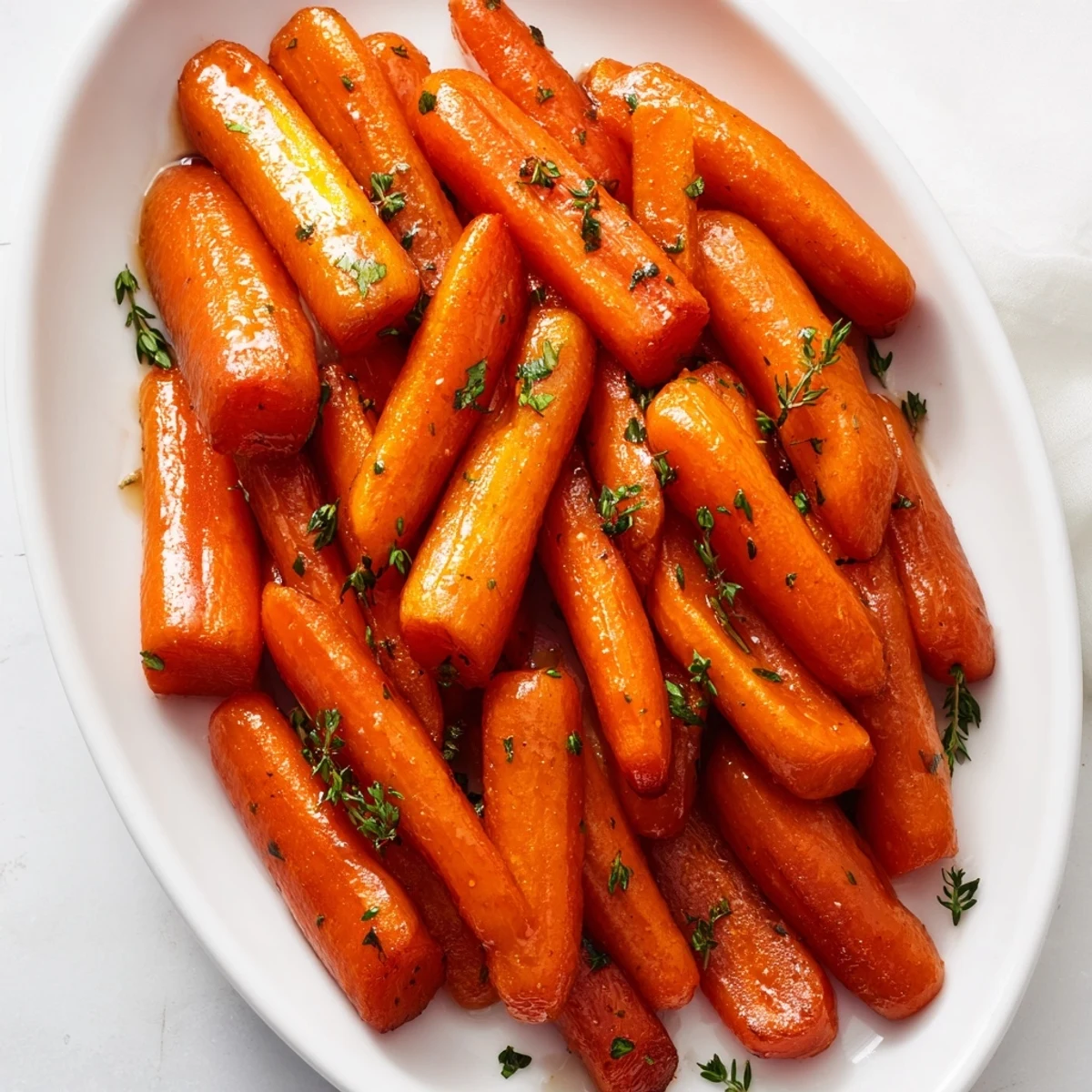 Freshly roasted carrots glistening with a sweet maple syrup glaze, garnished with fresh thyme and parsley.
