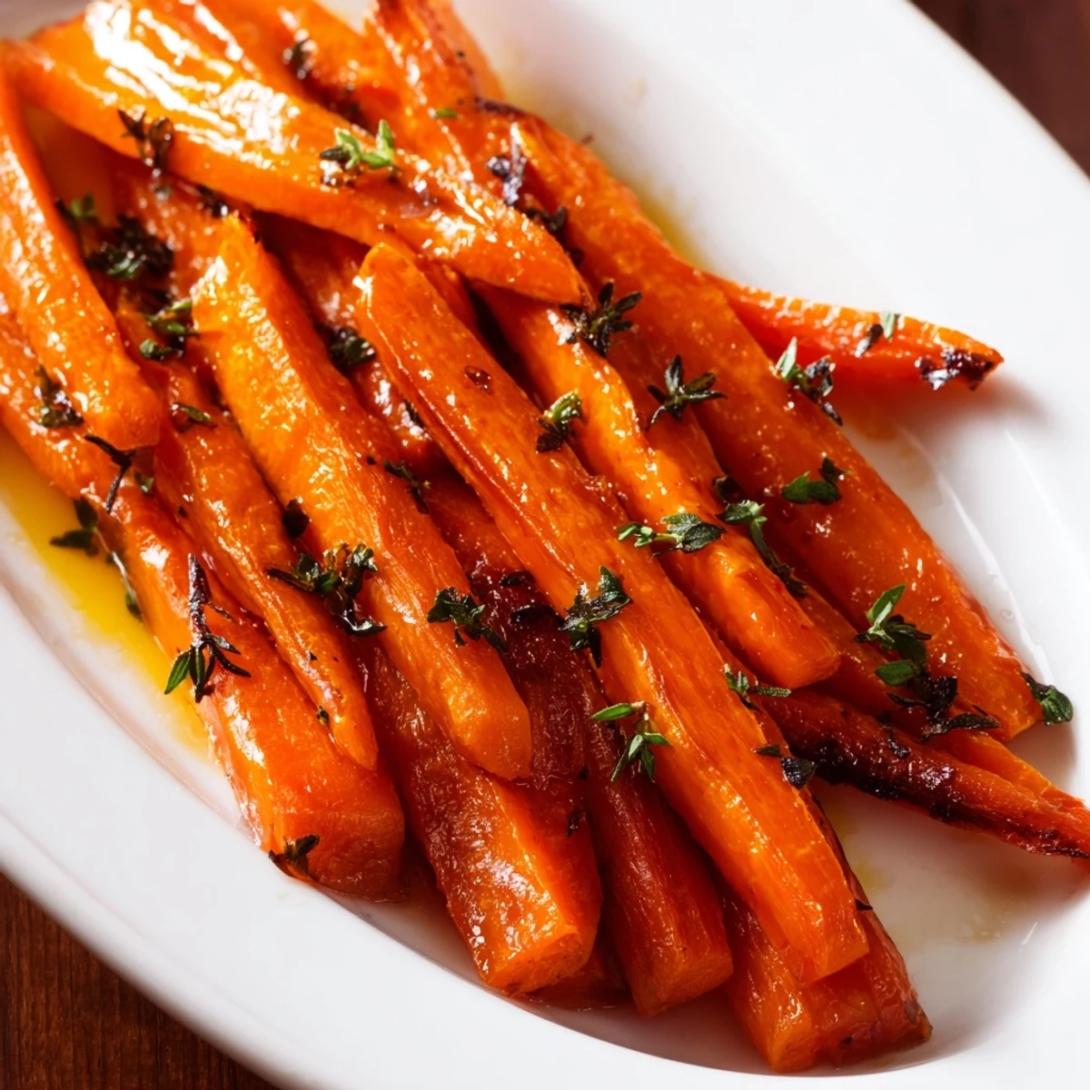 Caramelized Roasted Carrots with Maple Syrup Glaze, oven-roasted to tender perfection with a hint of thyme.
