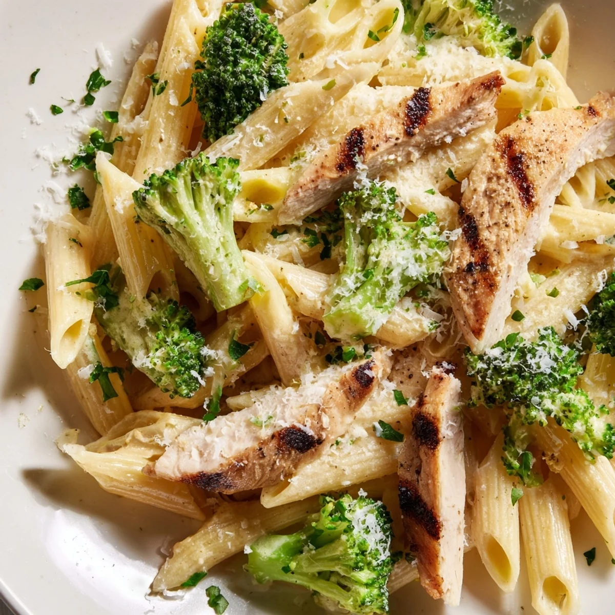 Creamy Broccoli Pasta with Grilled Chicken plated with a rich Parmesan sauce, fresh parsley garnish, and steaming aromas ready for a weeknight dinner.