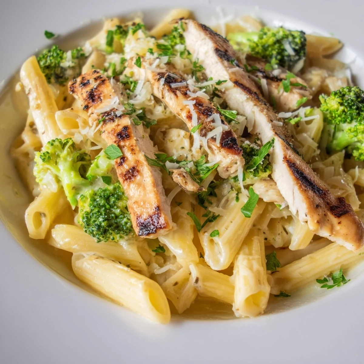 Creamy Broccoli Pasta with Grilled Chicken tossed together, broccoli florets and penne coated in creamy sauce, sliced grilled chicken resting on top.