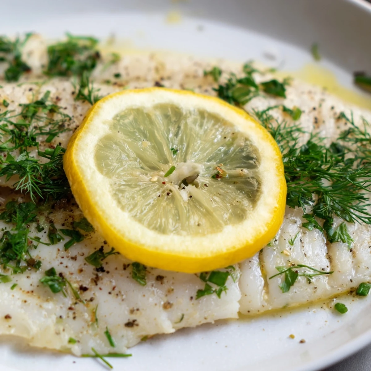 Freshly baked tilapia fillets topped with vibrant herbs and zesty lemon slices on a baking sheet.