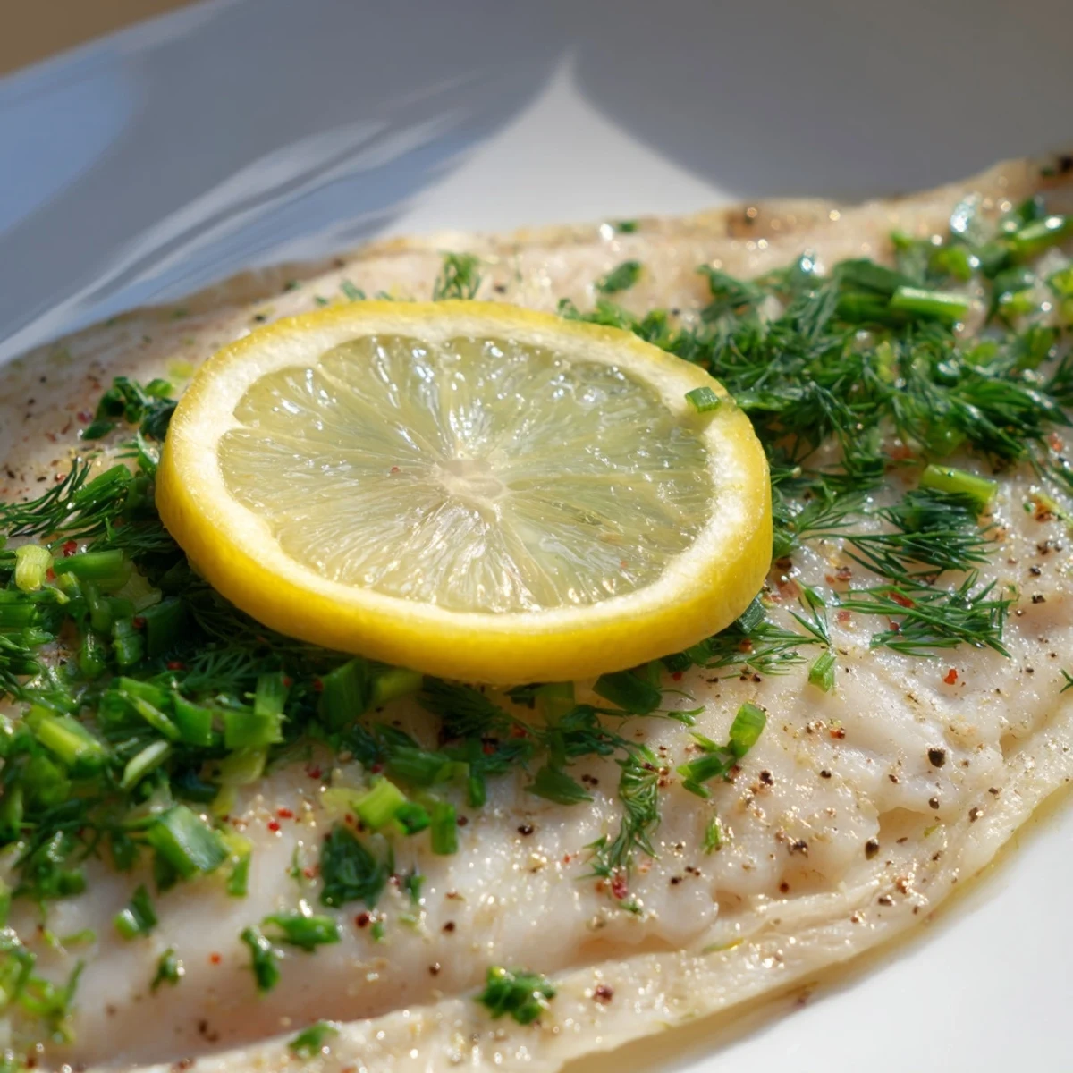 Tender tilapia fillets seasoned with herbs and lemon, baked until flaky in a white ceramic dish.