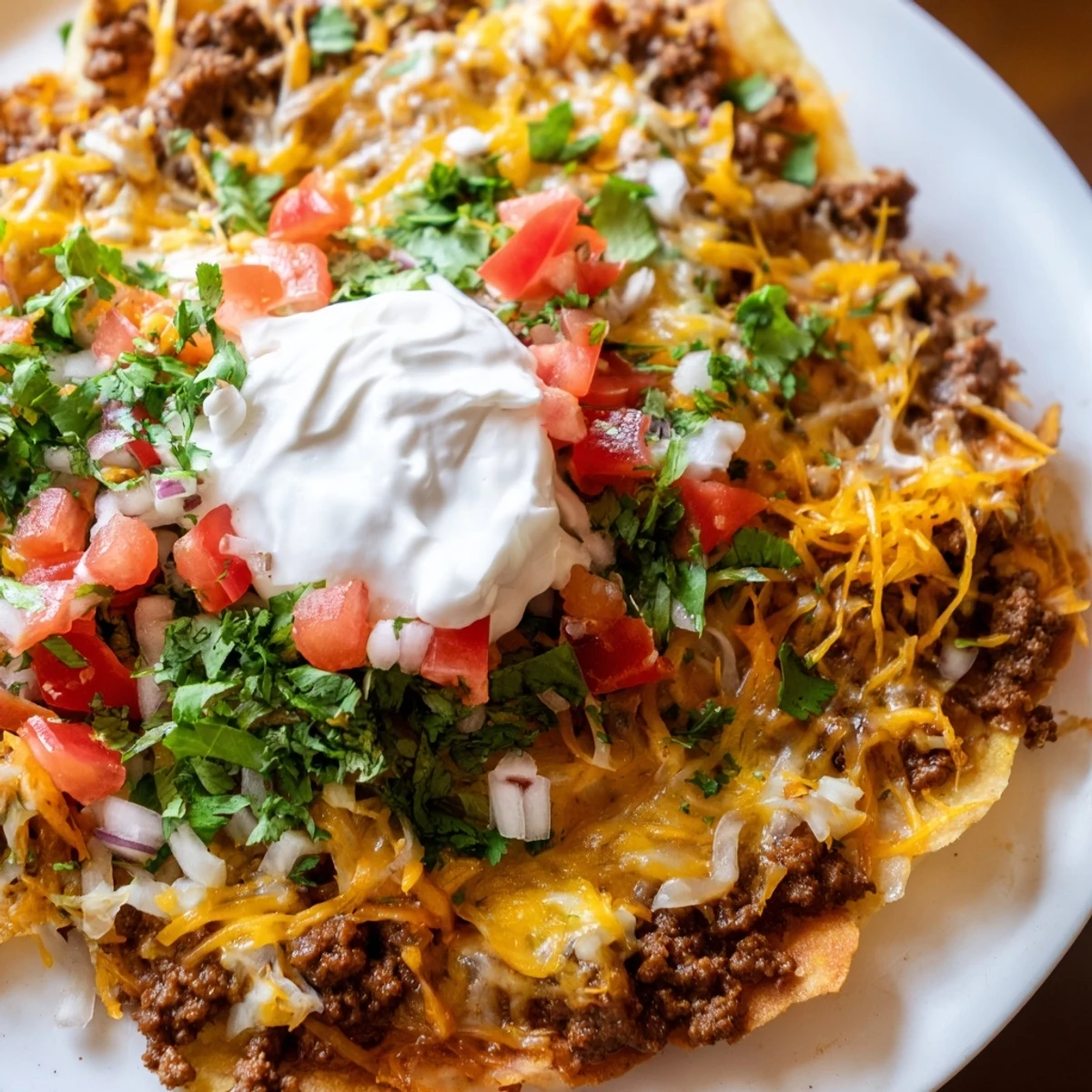 Crispy Beef Tostadas with Beans and Cheese are plated with melted cheese, fresh lettuce, and a dollop of sour cream.