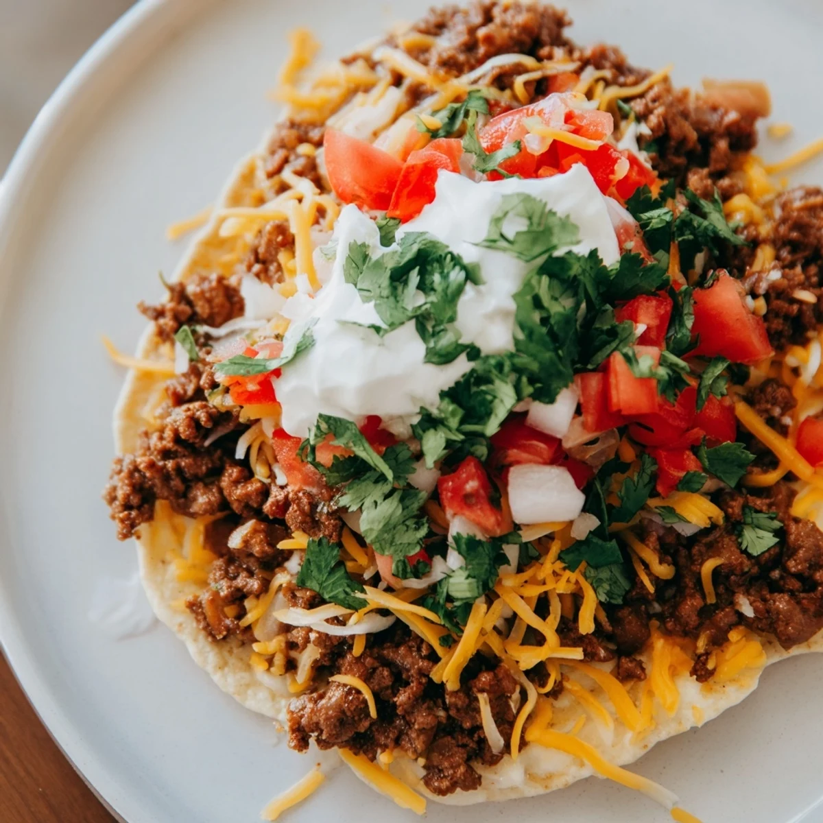 Golden Beef Tostadas with Beans and Cheese topped with seasoned beef, refried beans, and vibrant pico de gallo.