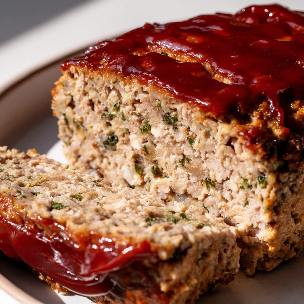 Golden-brown Turkey Meatloaf with Sweet Ketchup Glaze fresh from the oven, resting on a baking sheet with a glossy finish.