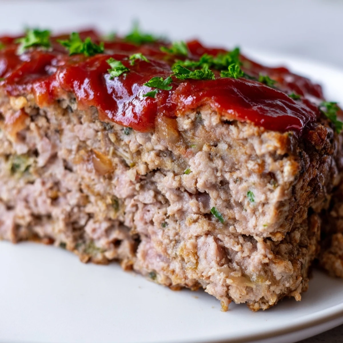 Freshly baked Turkey Meatloaf with Sweet Ketchup Glaze, sliced to reveal its juicy interior, served on a rustic wooden cutting board.