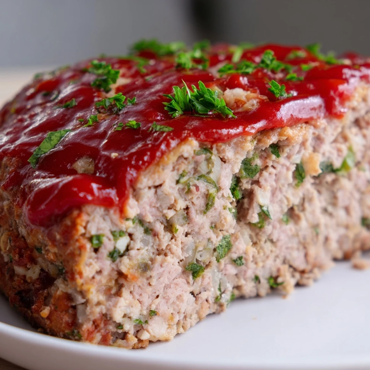Savory Turkey Meatloaf with Sweet Ketchup Glaze plated with creamy mashed potatoes and steamed green beans for a comforting dinner.