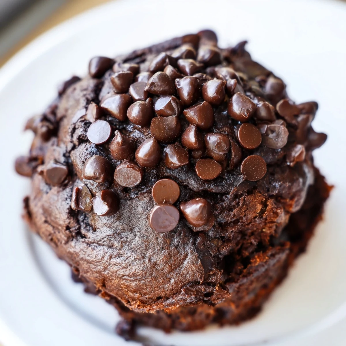 Freshly baked Chocolate Banana Muffins with melted chocolate chips on top, resting on a cooling rack. 