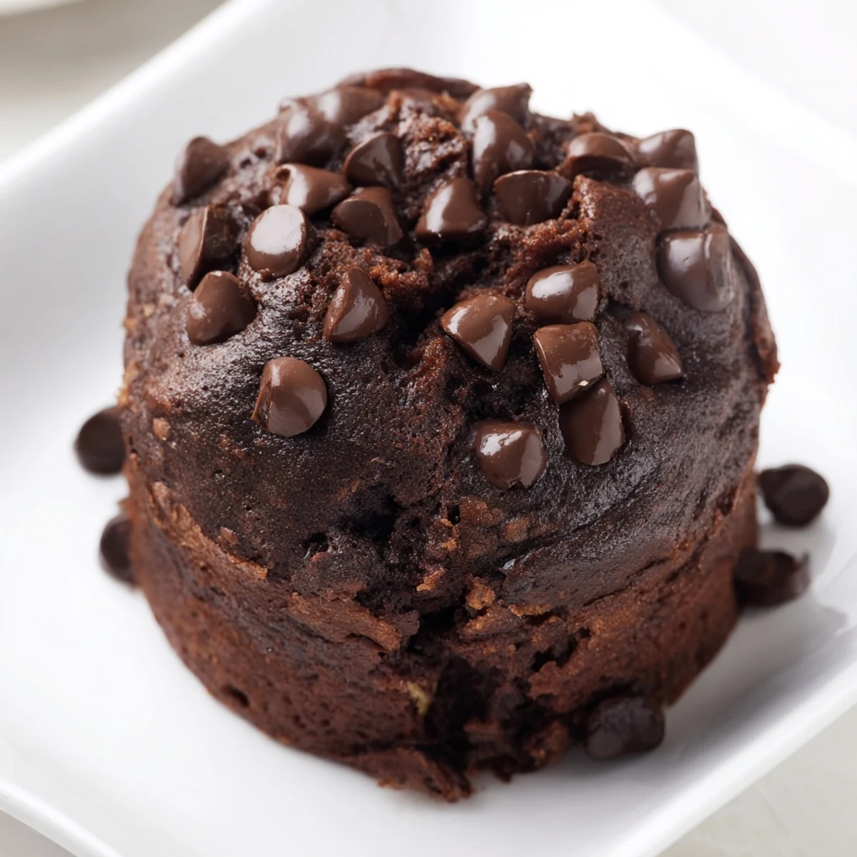 Warm Chocolate Banana Muffins split open to reveal a moist, tender crumb studded with gooey chocolate chips. 