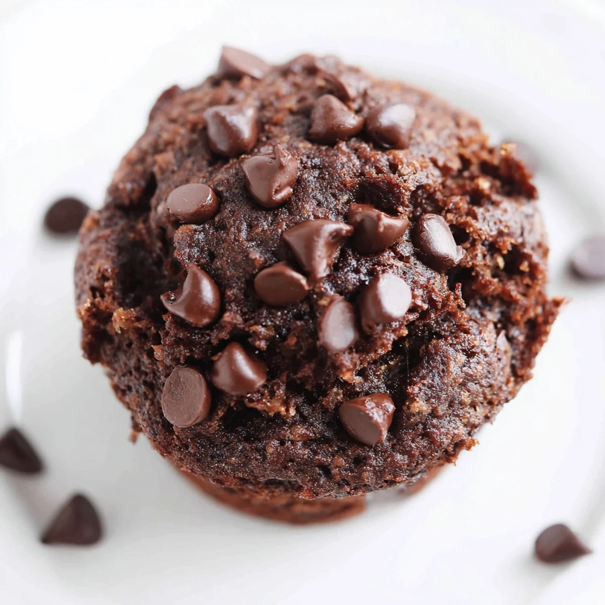 A basket of Chocolate Banana Muffins served warm for breakfast, garnished with a drizzle of chocolate sauce.