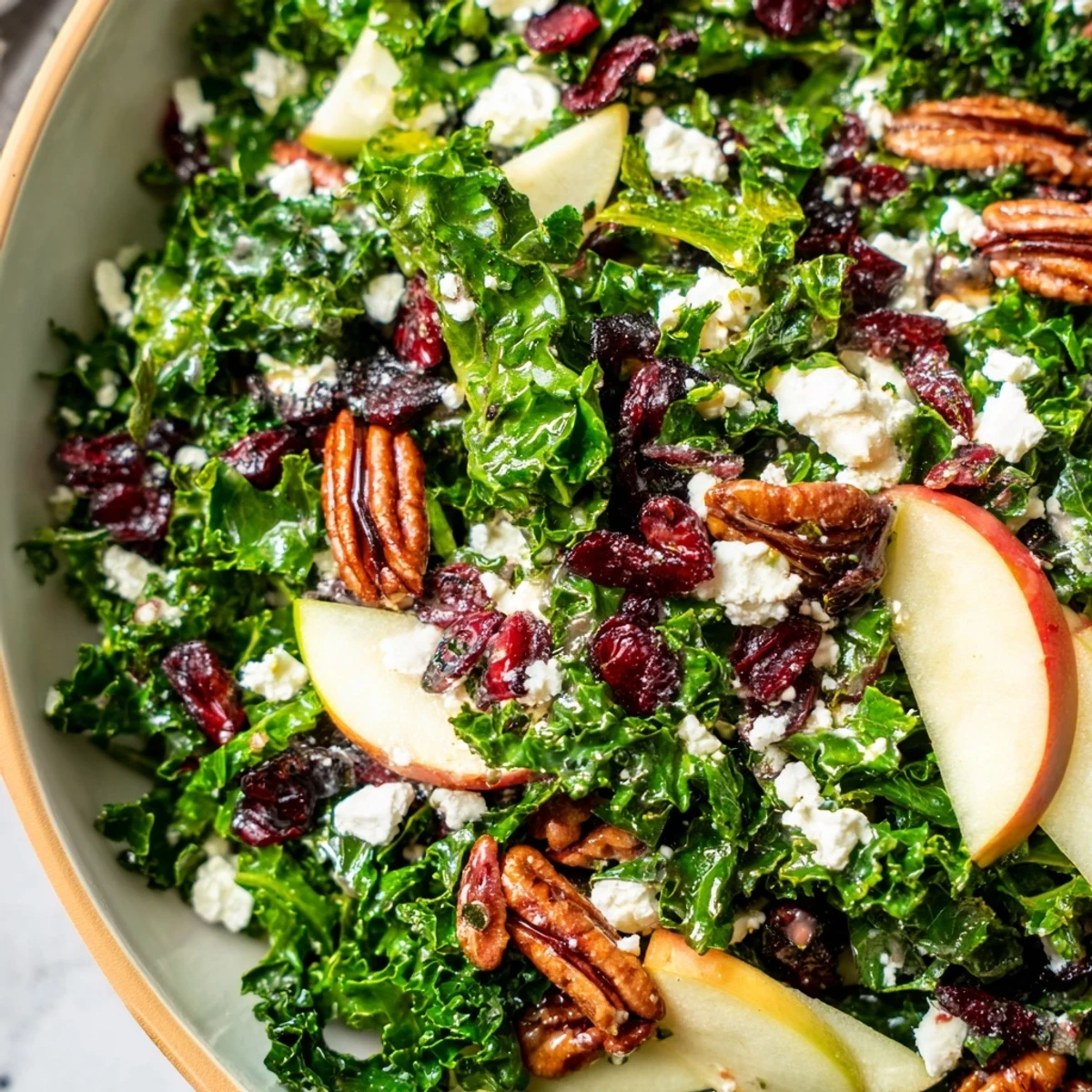 Winter Kale Salad with Dried Cranberries served in a white bowl, topped with toasted pecans, thinly sliced apple, and crumbled goat cheese.