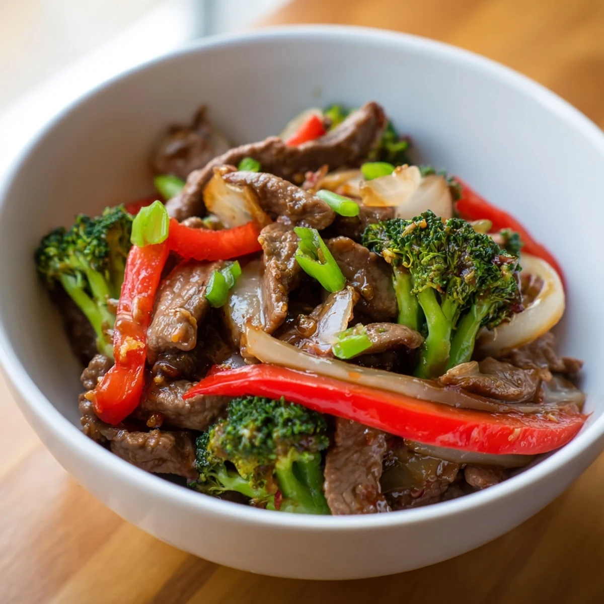 Spicy Beef Stir Fry with Broccoli Florets sizzles in a wok, featuring seared beef strips and vibrant green broccoli coated in a glossy, bold red chili sauce.
