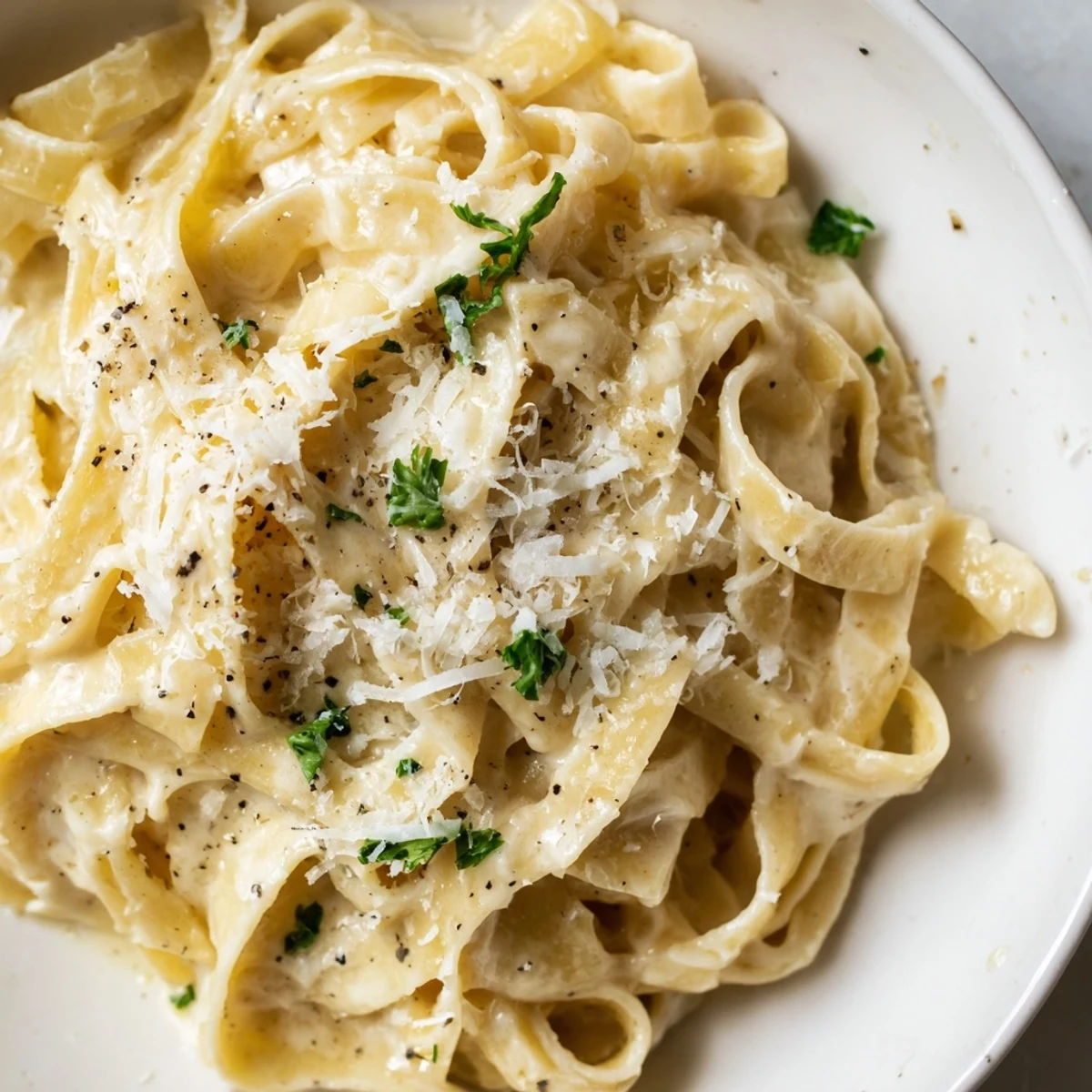 Creamy Alfredo Sauce with Fettuccine Pasta in a white bowl, garnished with parsley and extra Parmesan for a comforting vegetarian dinner.