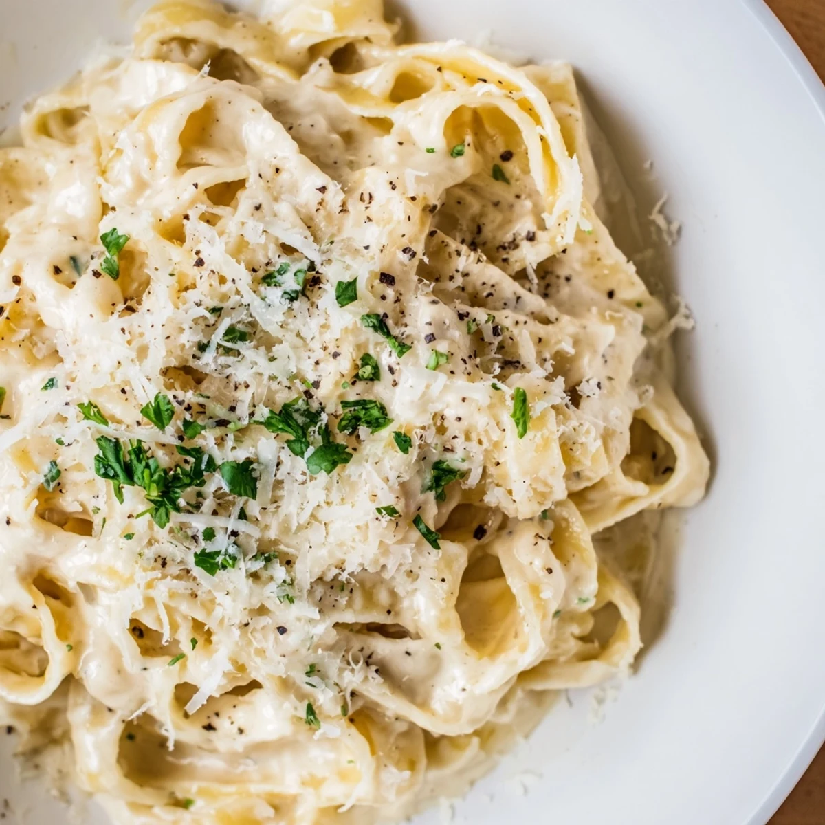 Freshly grated Parmesan and minced garlic are stirred into the hot cream sauce, creating a silky, savory Alfredo for fettuccine pasta.