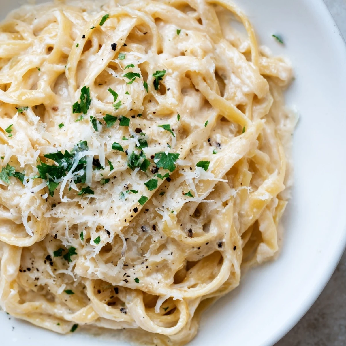 A fork lifts a bite of fettuccine from a skillet of creamy Alfredo sauce, highlighting its rich, cheesy texture for an easy weeknight meal.
