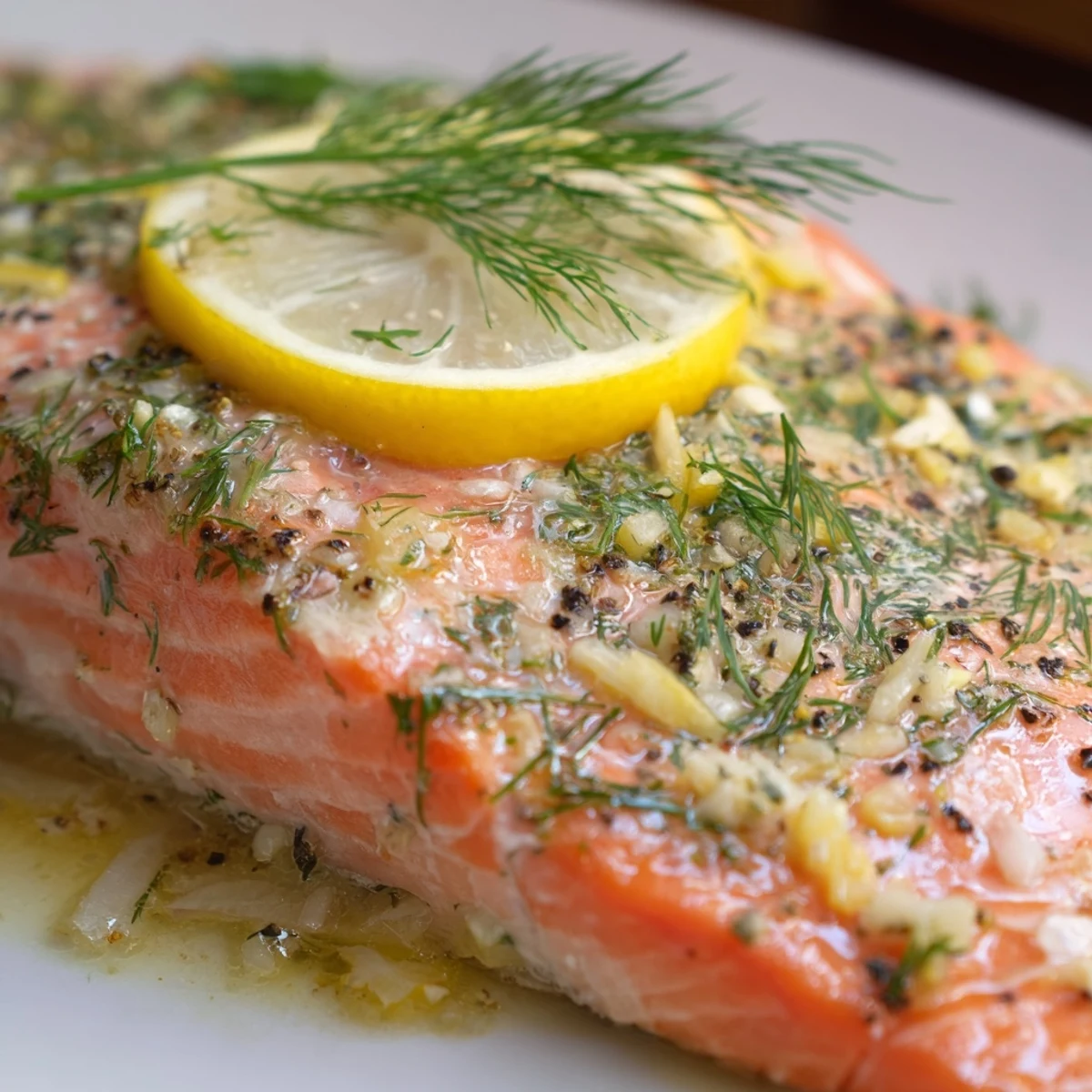 Golden-brown Baked Salmon with Dill Butter and Lemon resting on a baking sheet, garnished with fresh dill sprigs.
