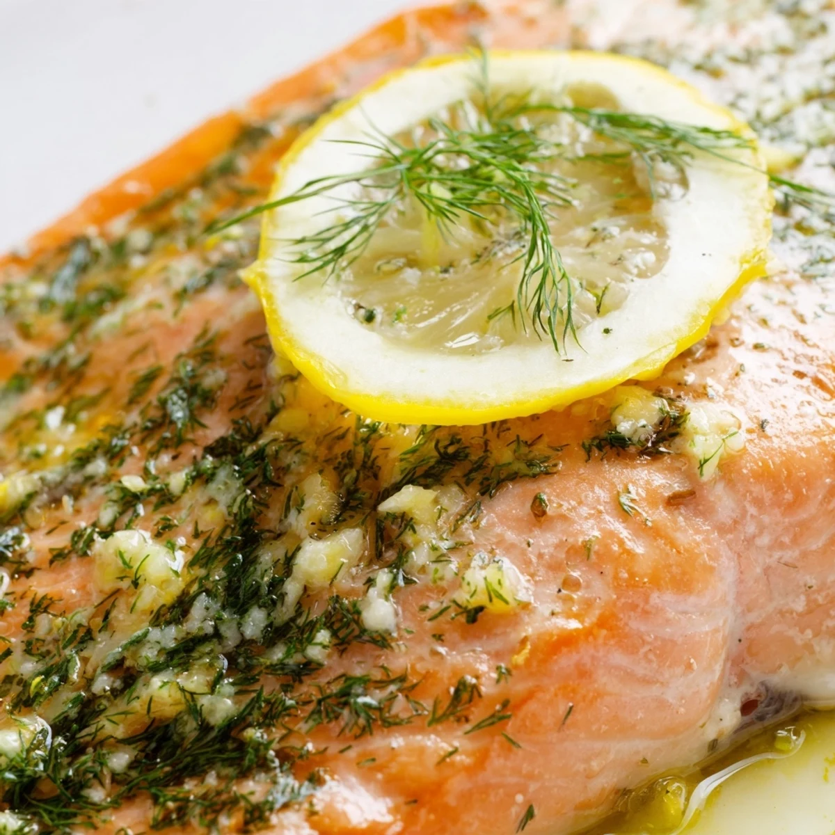 Moist fillets of Baked Salmon with Dill Butter and Lemon served with roasted vegetables and lemon wedges for a light dinner.