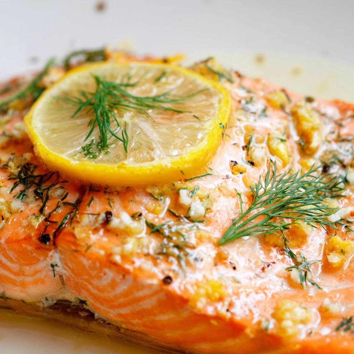 Close-up of juicy Baked Salmon with Dill Butter and Lemon, showcasing the melted butter topping and flaky pink interior.
