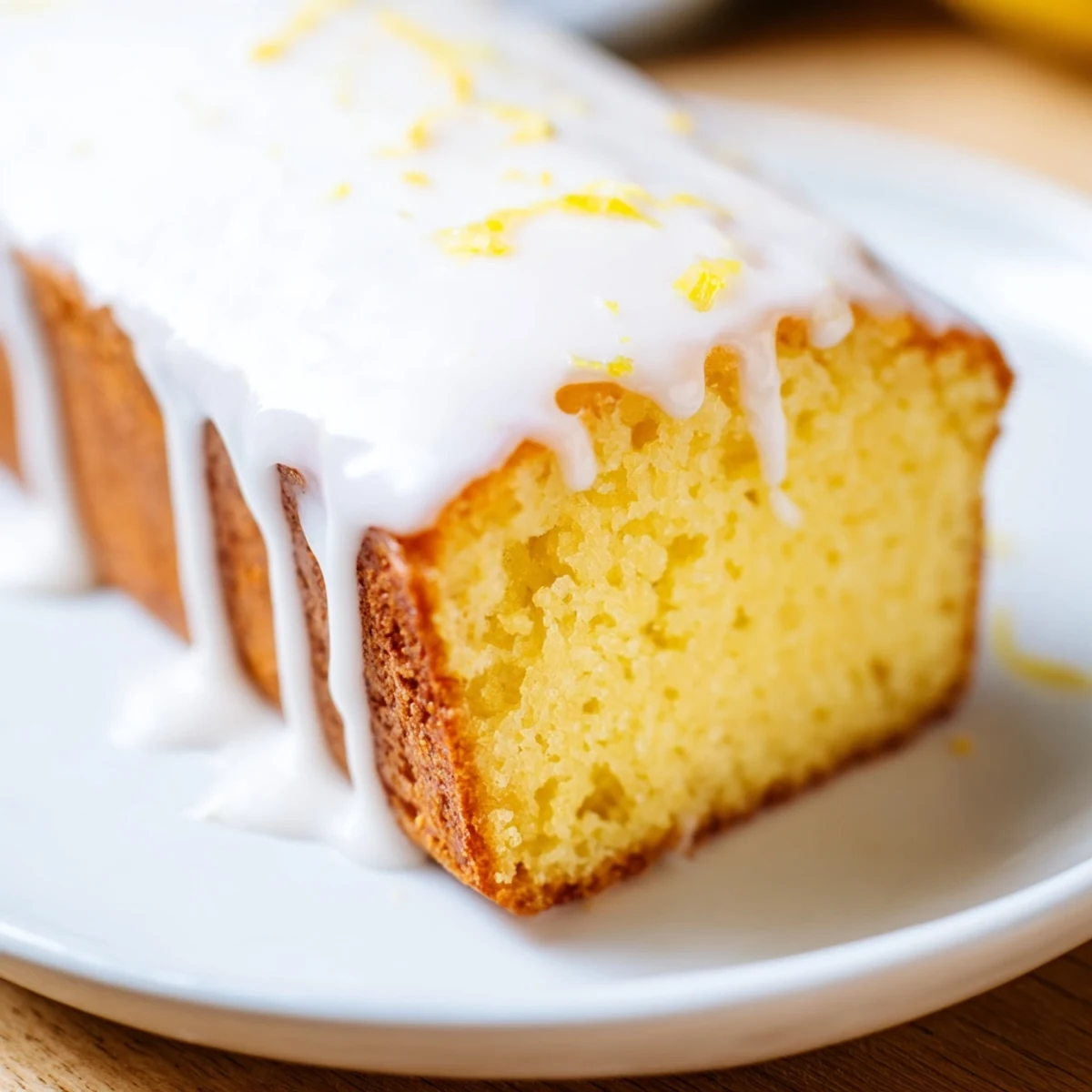 Freshly baked Lemon Loaf Cake with sweet icing glistening on top, cooling on a wire rack beside lemon wedges.