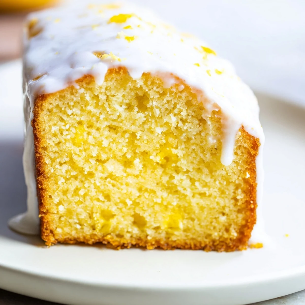 Homemade Lemon Loaf Cake with sweet icing drizzled over the golden brown top, garnished with fresh lemon zest.