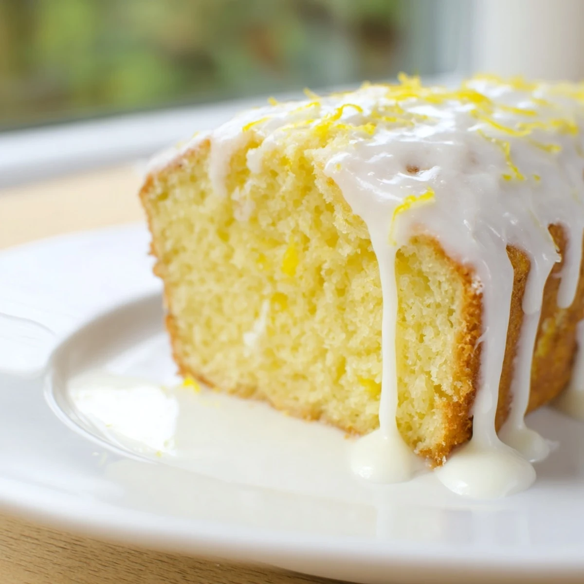 A slice of moist Lemon Loaf Cake on a white plate with a fork, ready to be enjoyed with tea.