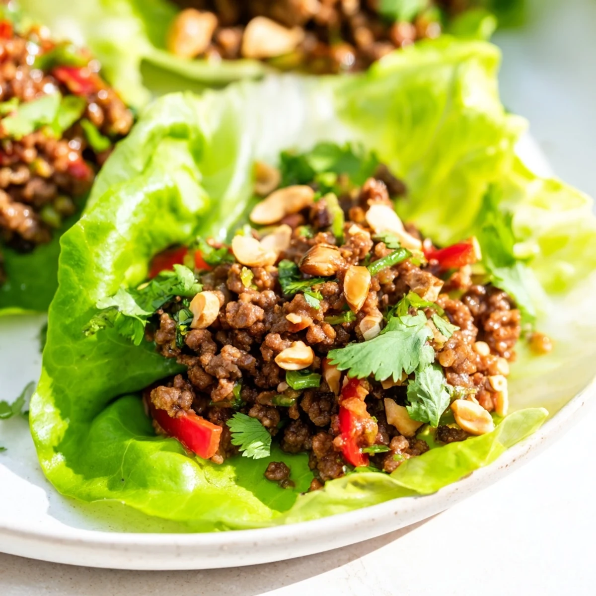 Tender lettuce cups overflowing with savory ground beef, topped with crunchy chopped peanuts and fresh cilantro.