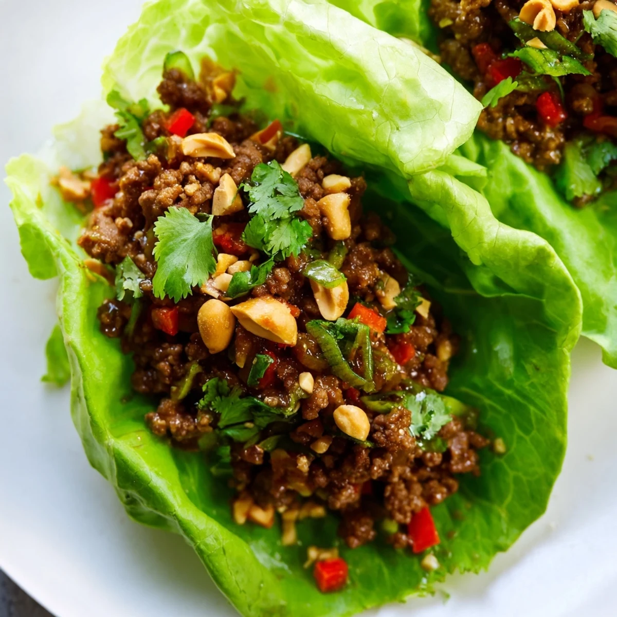 Delicious Beef Lettuce Wraps with Chopped Peanuts ready to eat for a fresh dinner.