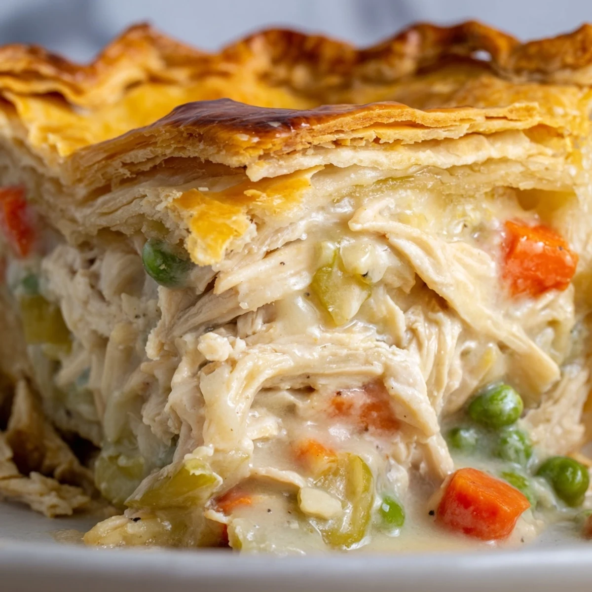 Golden-baked Chicken Pot Pie with flaky crust sits in a ceramic dish, steam rising from creamy chicken and vegetable filling.