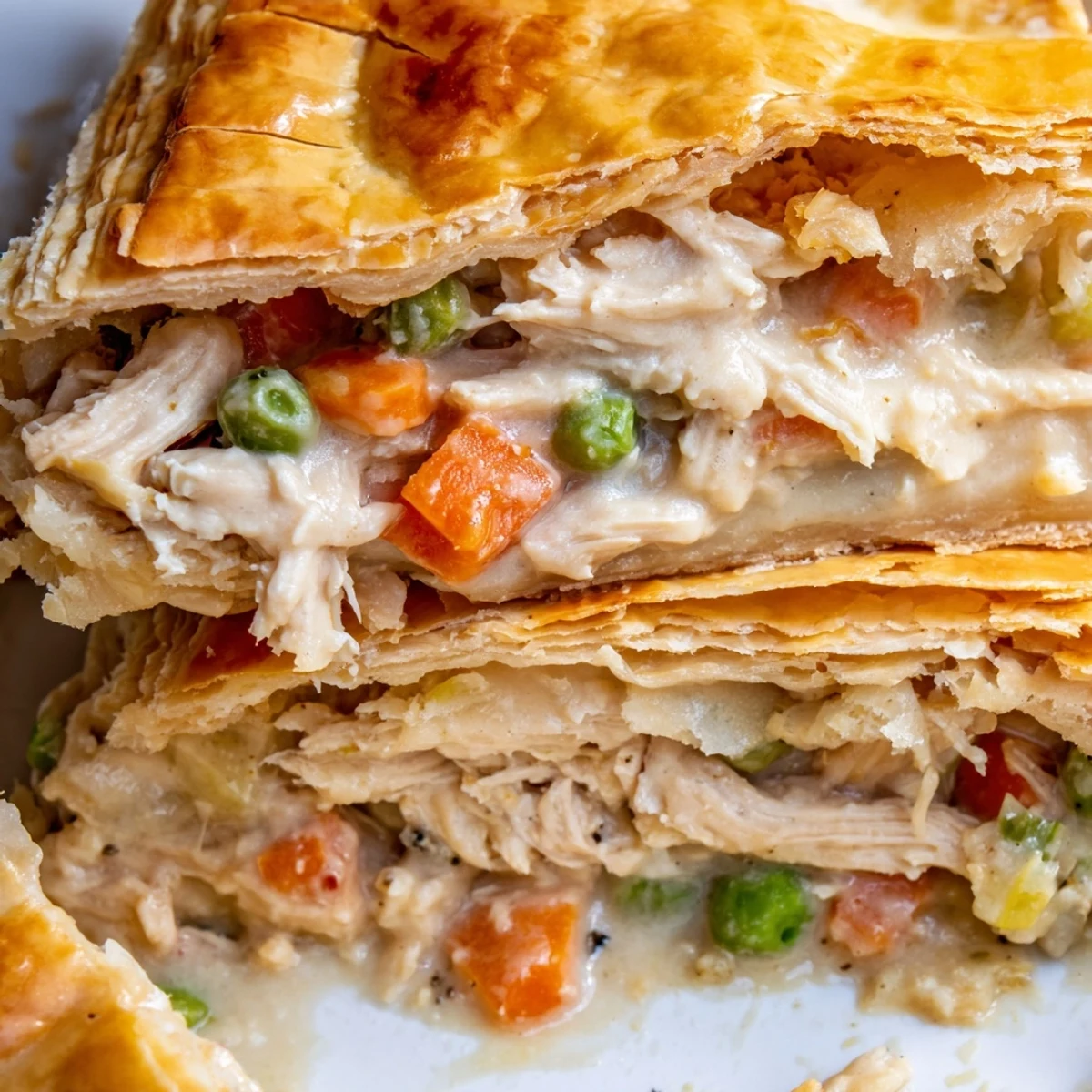 A rustic Chicken Pot Pie is sliced to reveal tender chicken, peas, and carrots in a rich, velvety sauce beneath buttery pastry.