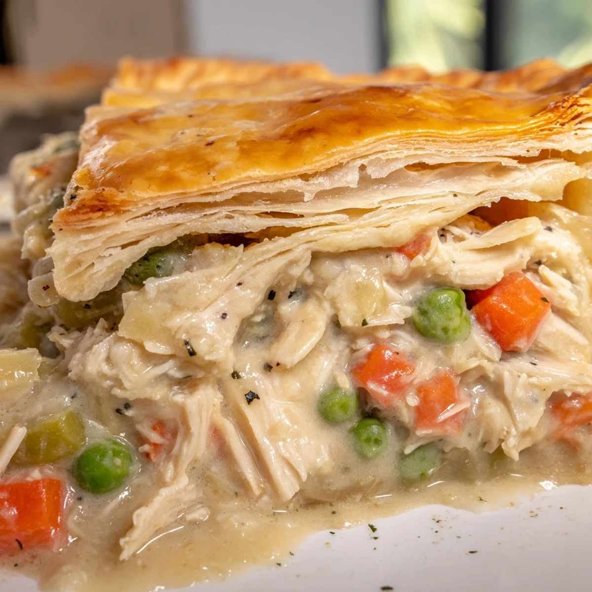 Fresh thyme garnishes a golden Chicken Pot Pie, served warm with a spoon scooping into the savory filling.