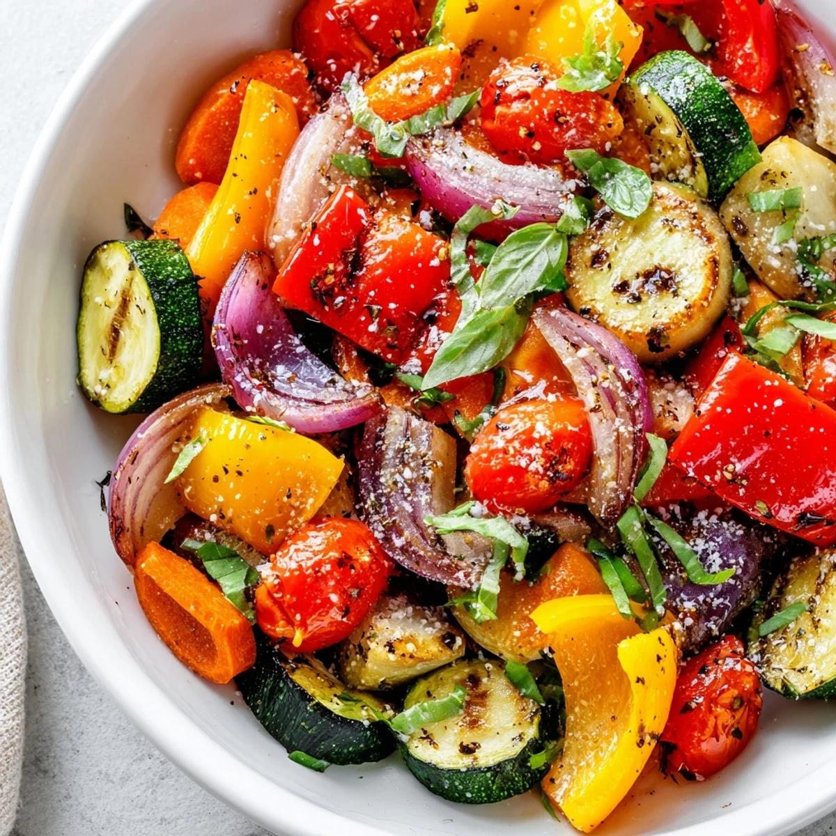 Golden-brown Roasted Veggies with Italian Seasoning on a rustic platter, finished with fresh basil leaves.