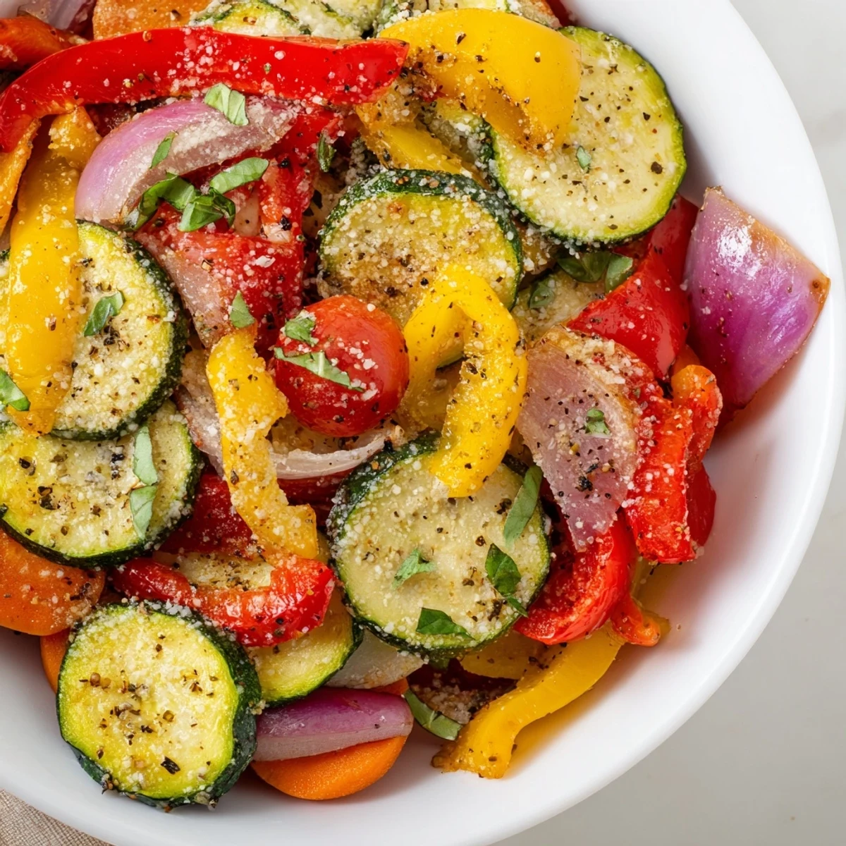 Colorful Roasted Veggies with Italian Seasoning, a healthy vegan side dish ready for a family dinner.