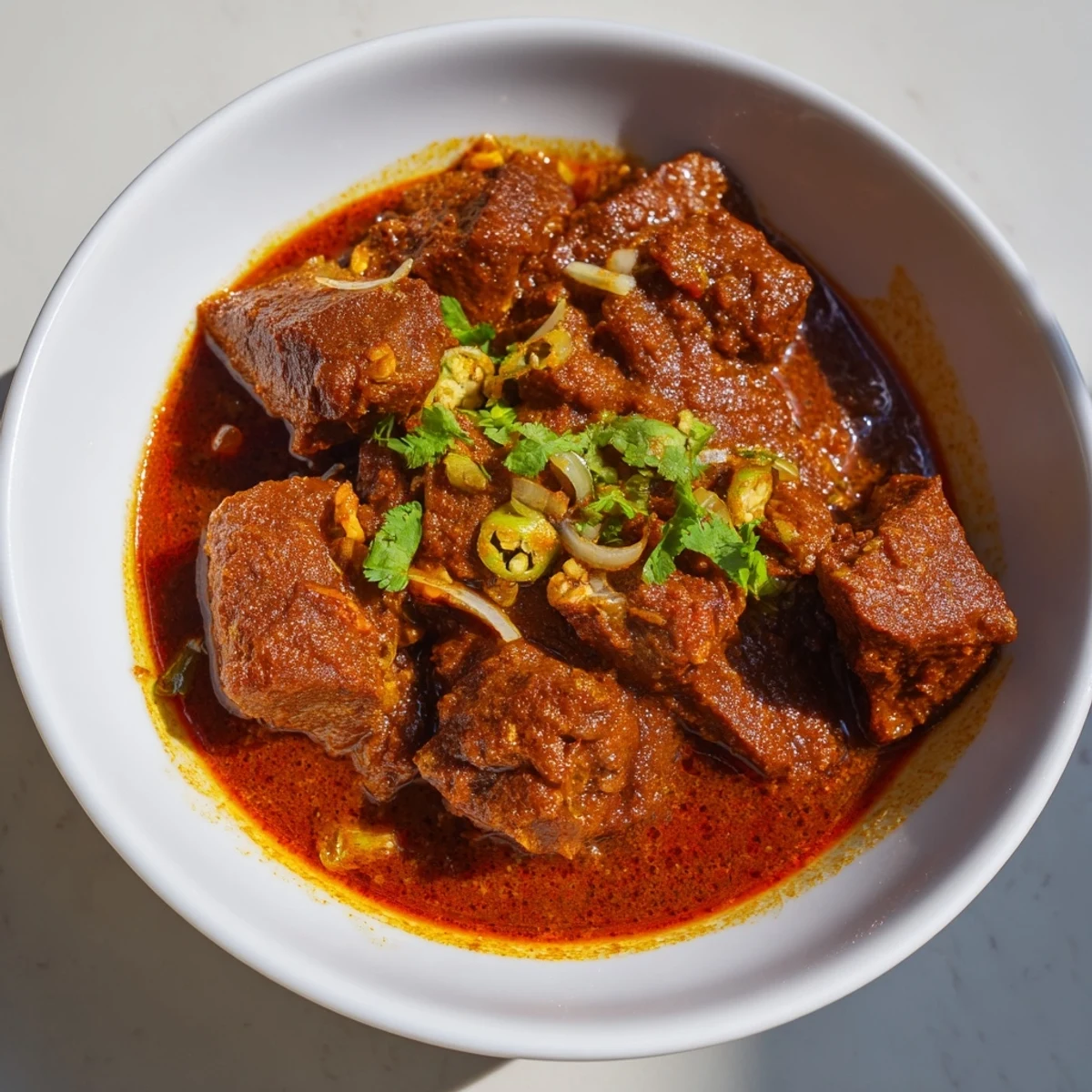 A rich, golden bowl of Spicy Beef Curry simmered with tender beef chunks in a creamy coconut milk sauce, garnished with fresh cilantro.