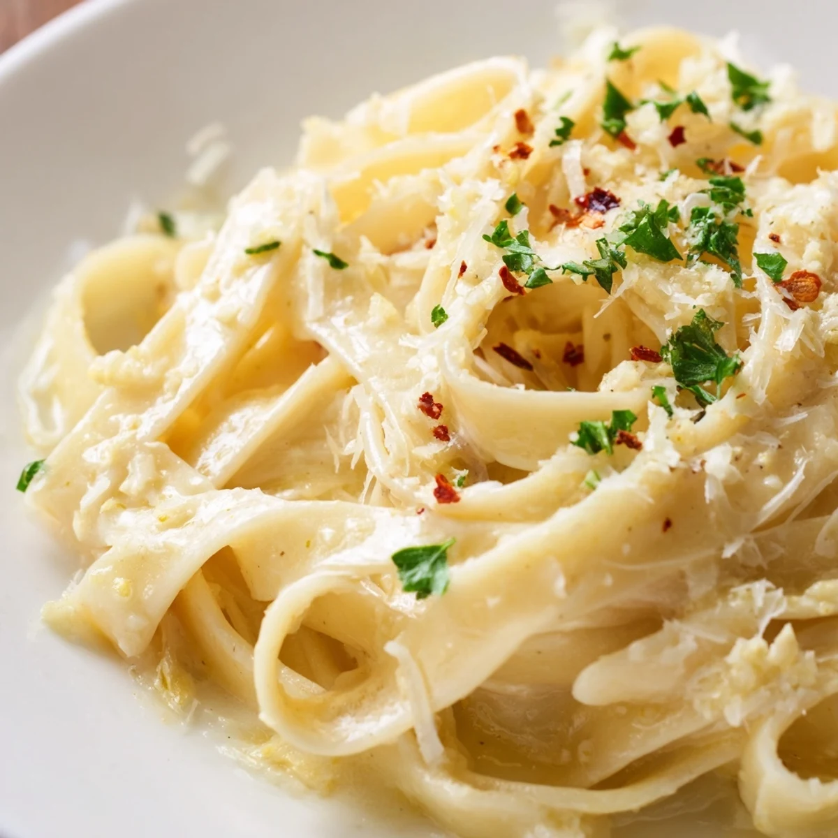 Creamy Garlic Pasta in a white bowl, garnished with fresh parsley and grated Parmesan, steam rising from silky noodles.