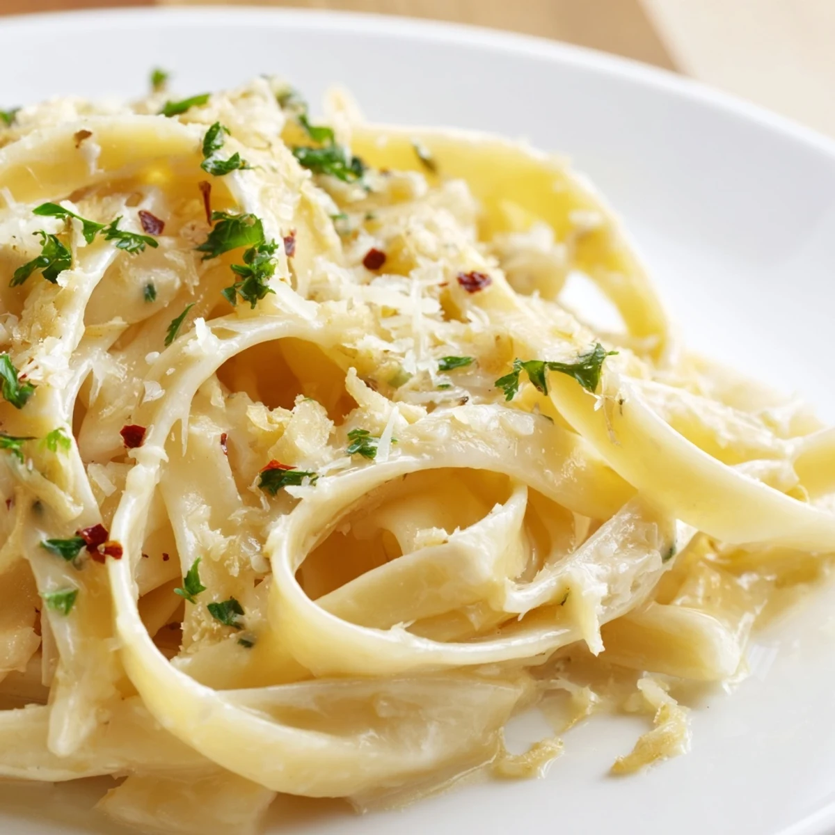 Close-up of Creamy Garlic Pasta twirled on a fork, sauce clinging to each strand, with a glass of wine nearby.