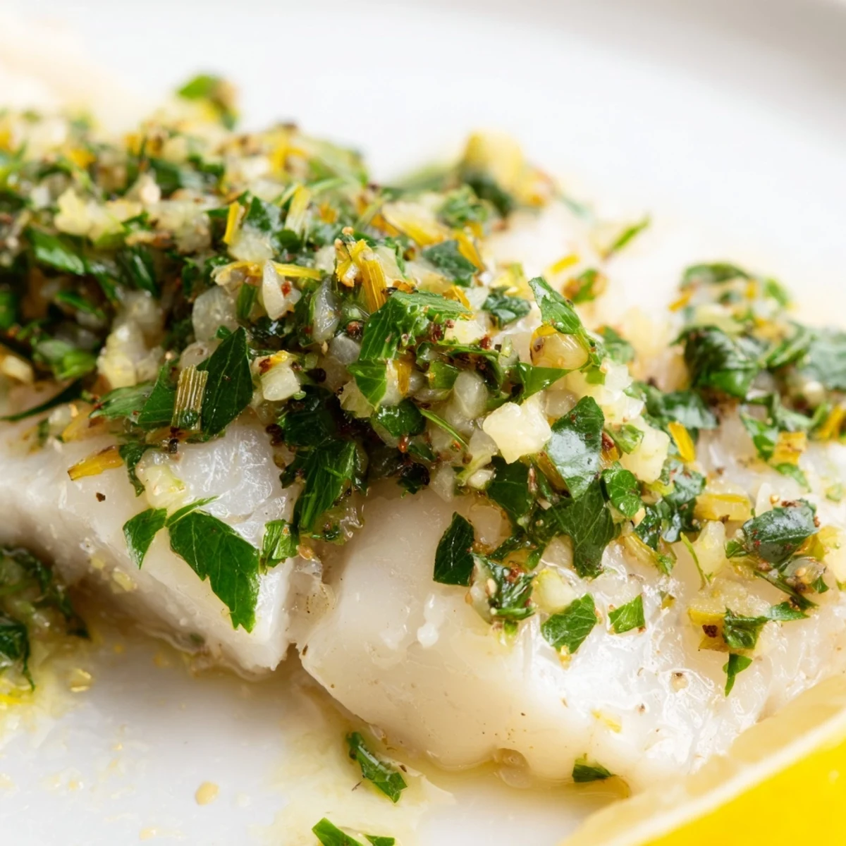 Golden-brown baked cod fillets glistening with olive oil, fresh herbs, and lemon zest, served on a white plate with lemon wedges for a bright, Mediterranean-inspired meal.