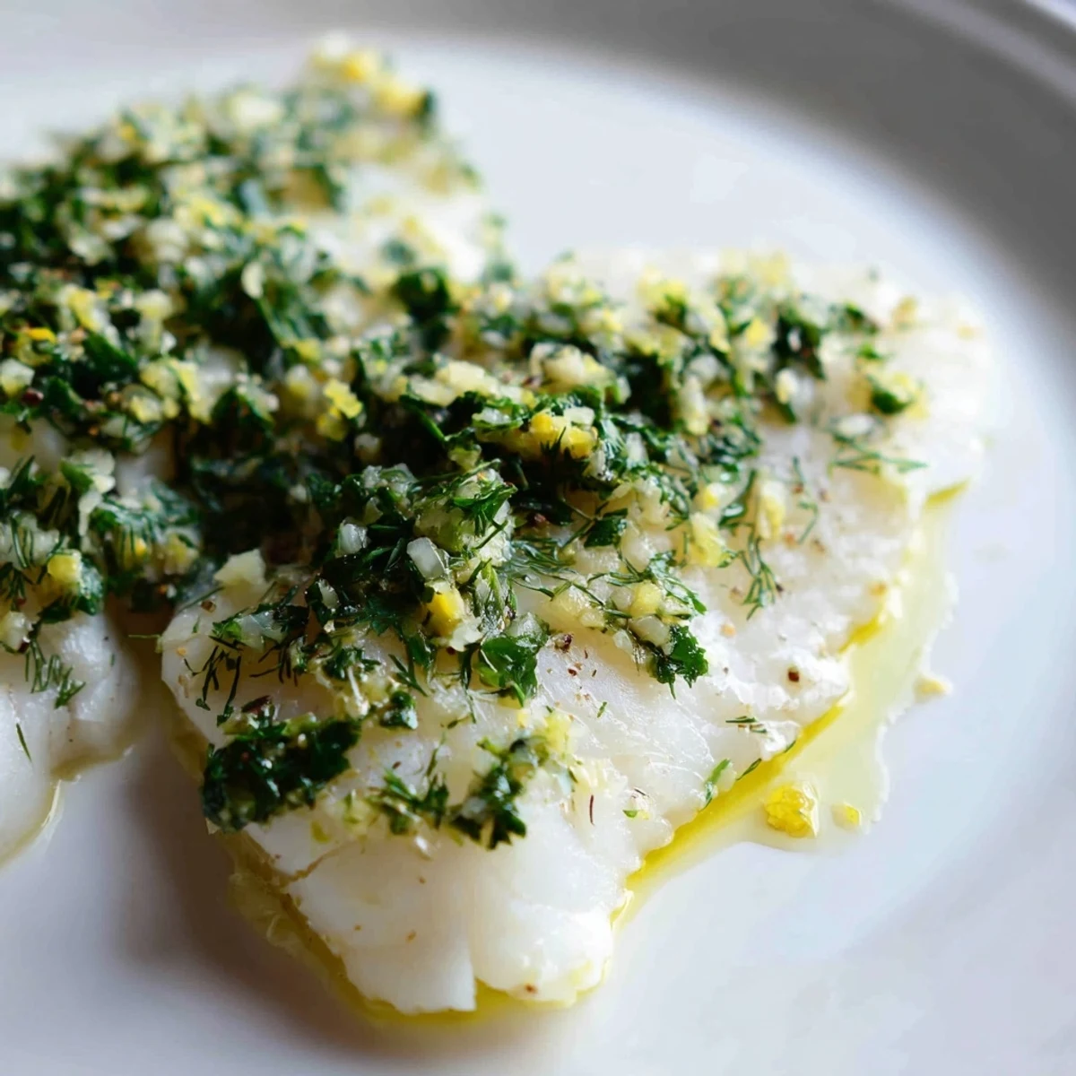 Flaky, tender baked cod fillets topped with a vibrant herb and garlic mixture, garnished with fresh chives and dill for a fragrant, gluten-free main dish.