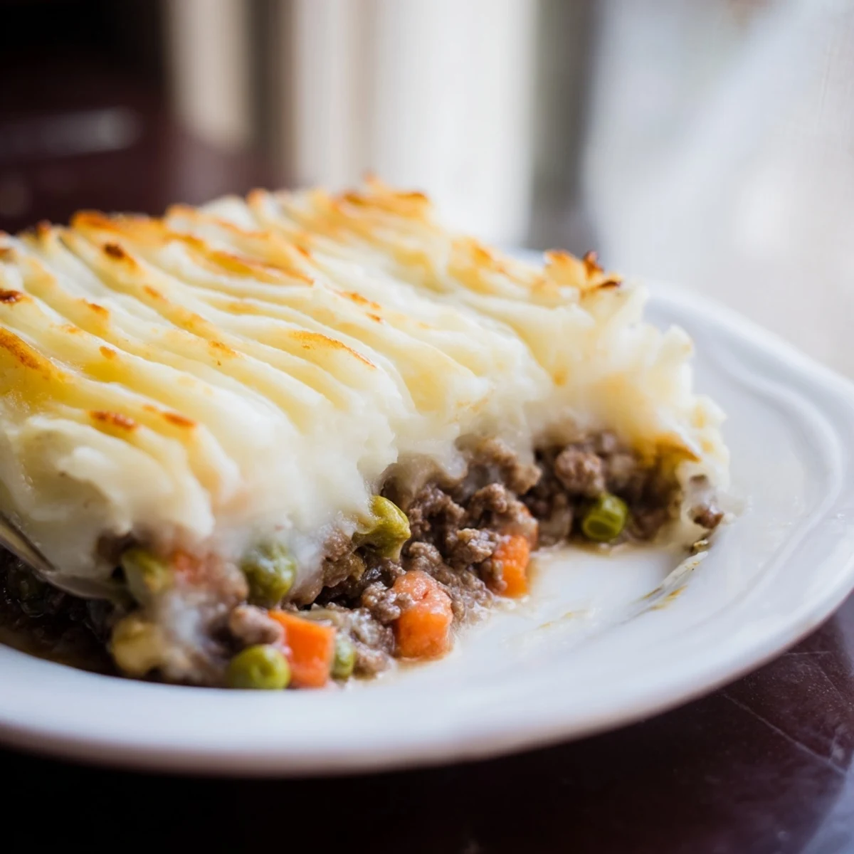 A close-up of homemade beef Shepherds Pie with peas, revealing golden ridges on creamy mashed potatoes covering a savory filling.  